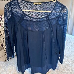 Deux Two Blue Lace Long Sleeve Top Blouse Size Small